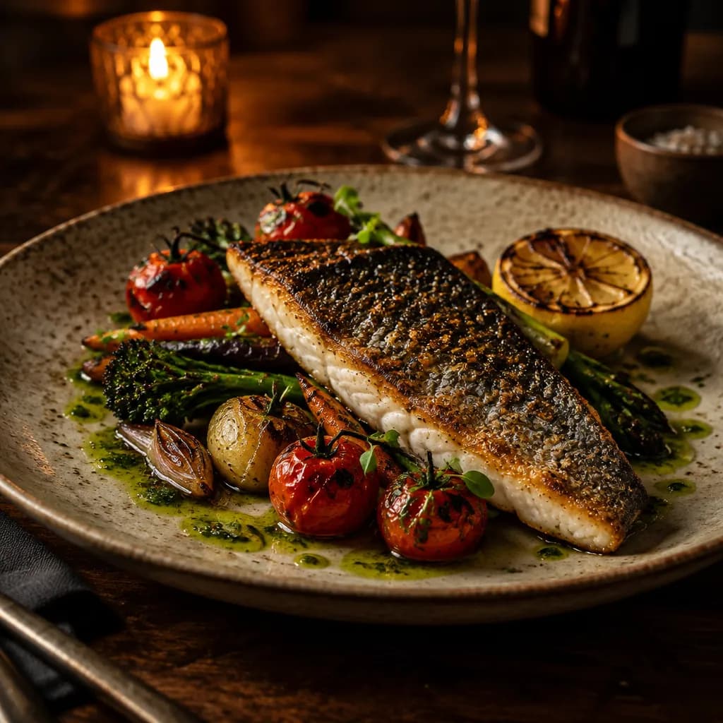 Crisp-skinned sea bass on a stoneware plate, a candle burning behind it