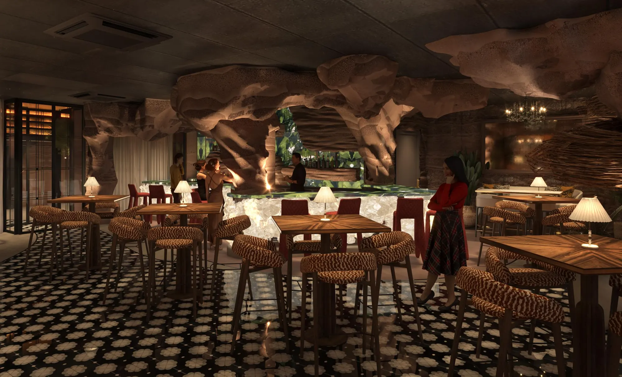 The dining room at night, lamps lit on every table