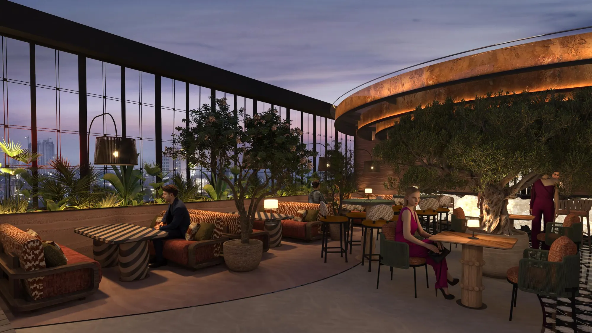 The terrace at dusk, olive trees and low sofas above the city