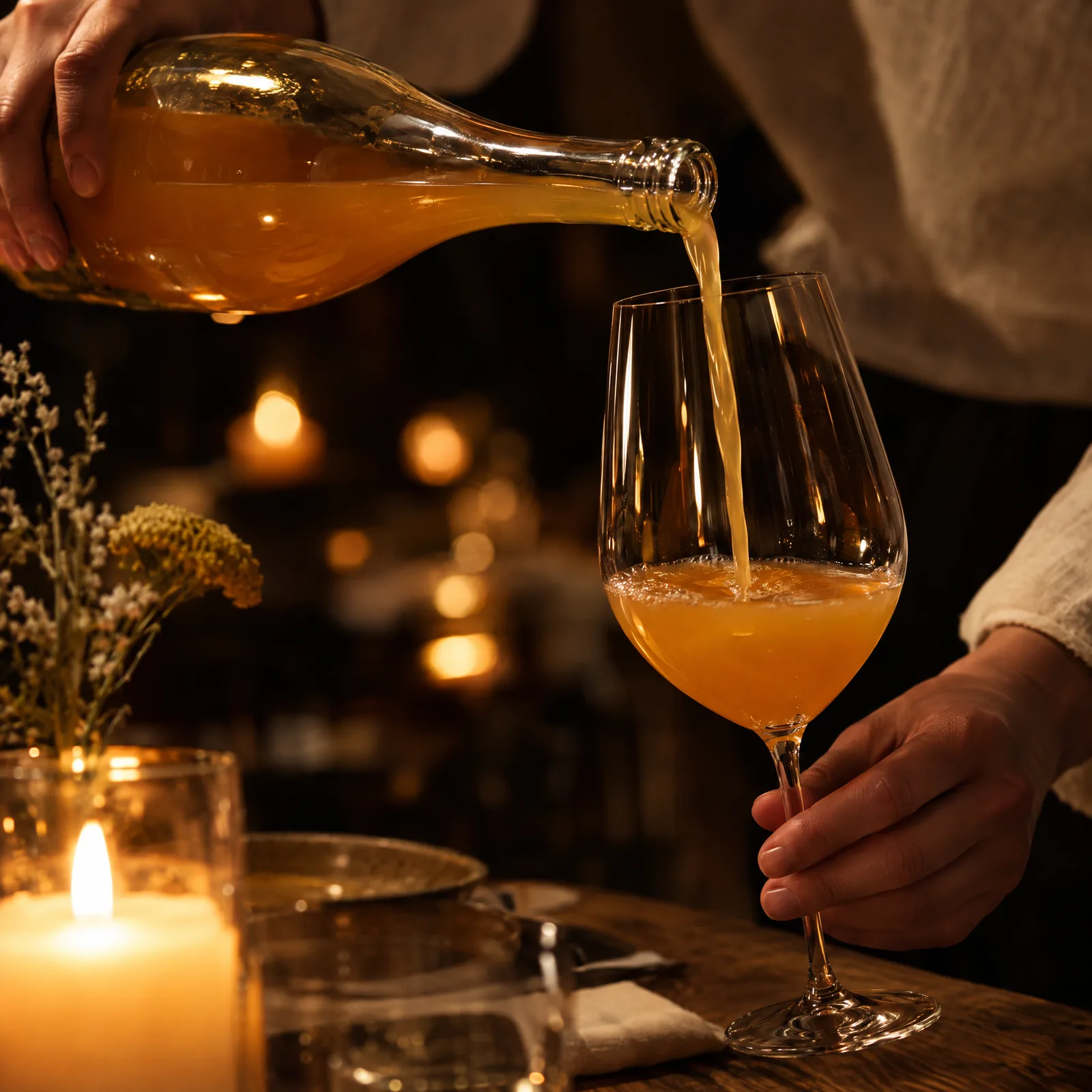 An amber pour into a wine glass by candlelight